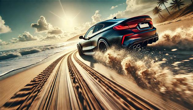 A car speeds on a beach