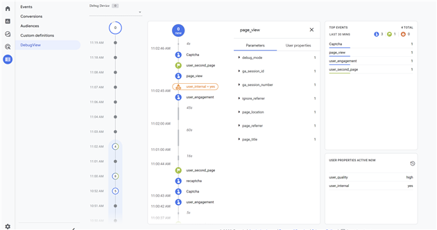 A user parameter in the GA4 debug view