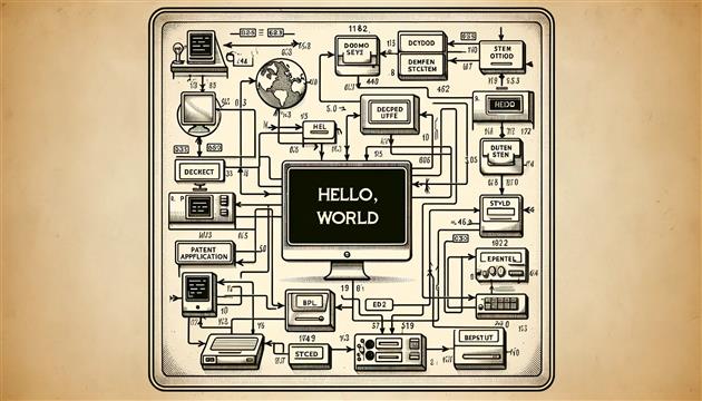 An illustration of a patent figure for some Hello World generation